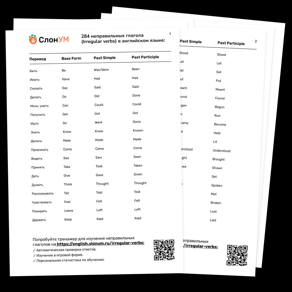Таблицы неправильных глаголов английского языка с переводом в PDF
